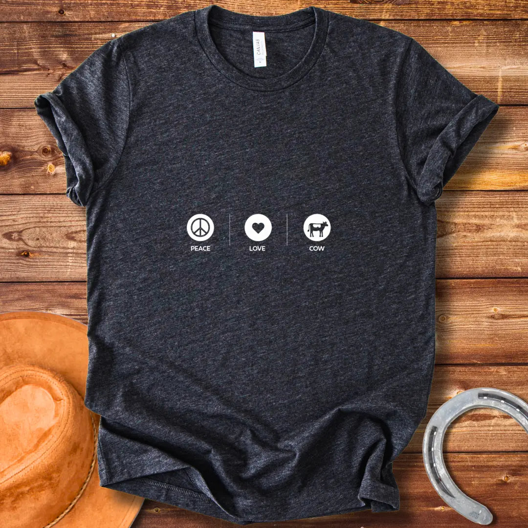 Peace Love Cow T-shirt design featuring a peace symbol, heart, and cow silhouette