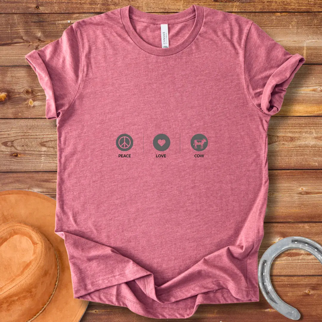 Peace Love Cow T-shirt design featuring a peace symbol, heart, and cow silhouette