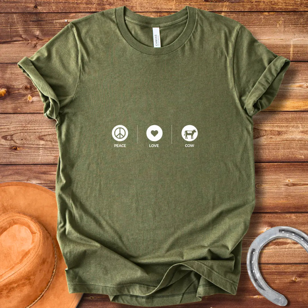 Peace Love Cow T-shirt design featuring a peace symbol, heart, and cow silhouette