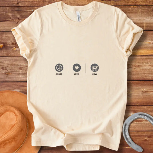 Peace Love Cow T-shirt design featuring a peace symbol, heart, and cow silhouette