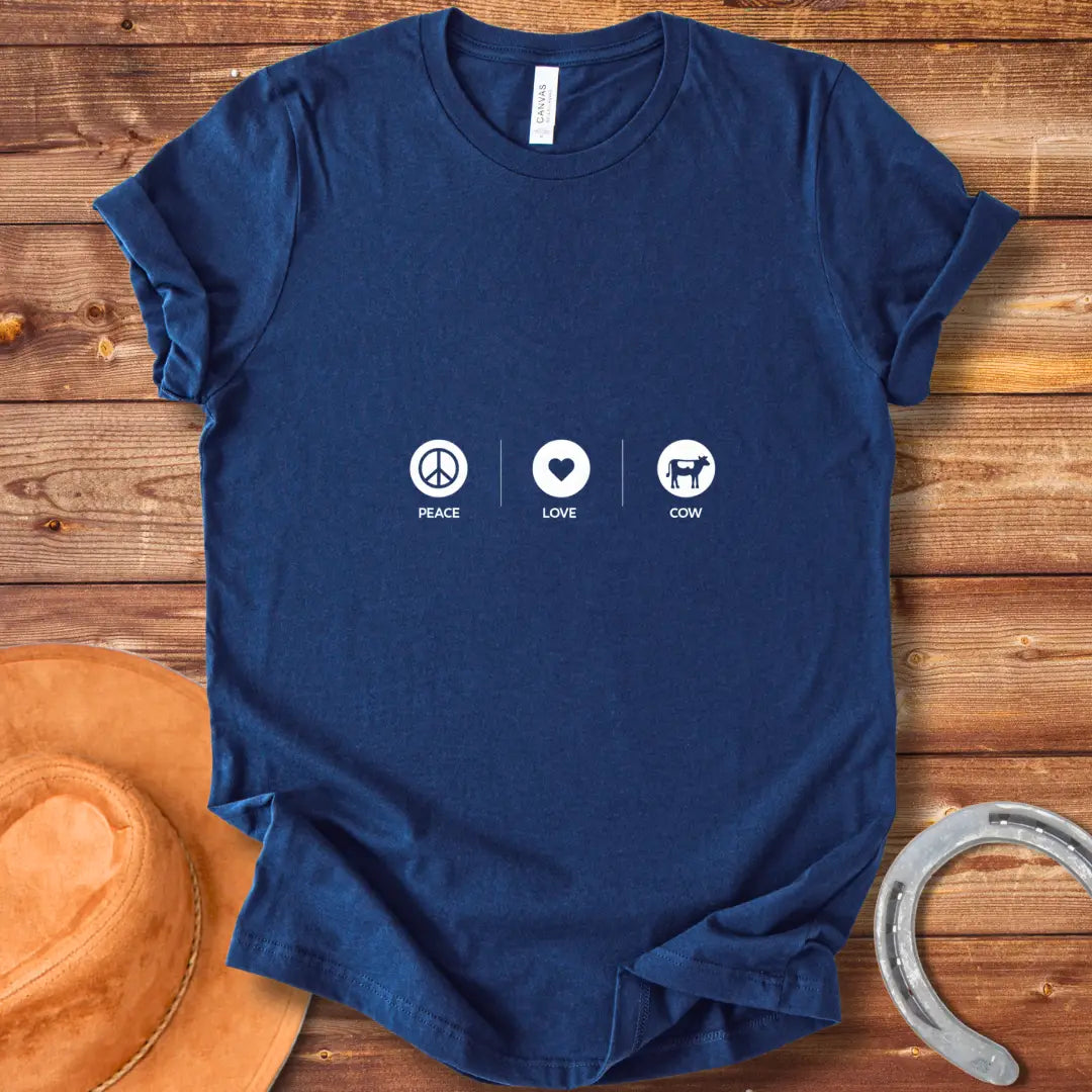Peace Love Cow T-shirt design featuring a peace symbol, heart, and cow silhouette