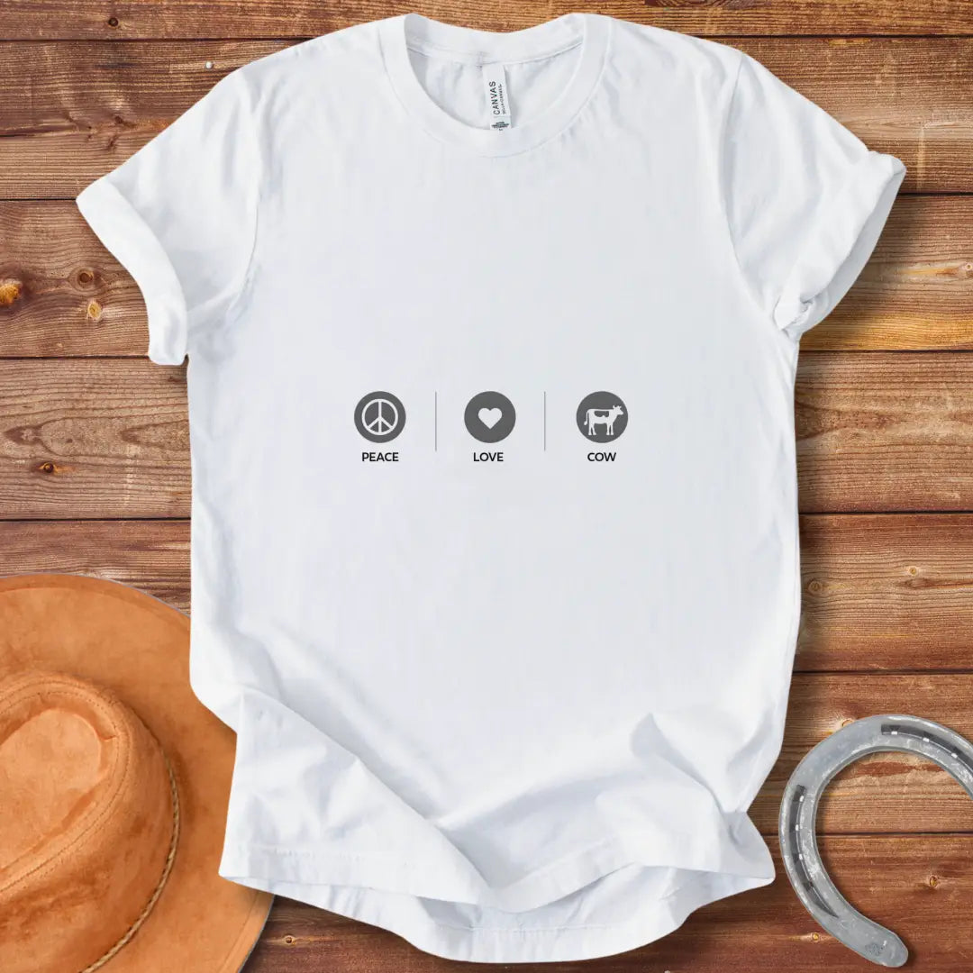 Peace Love Cow T-shirt design featuring a peace symbol, heart, and cow silhouette