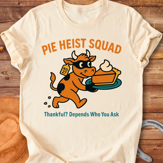 Illustration of a cow wearing a mask running with a stolen pie on a plate, the words Pie Heist Squad above it.
