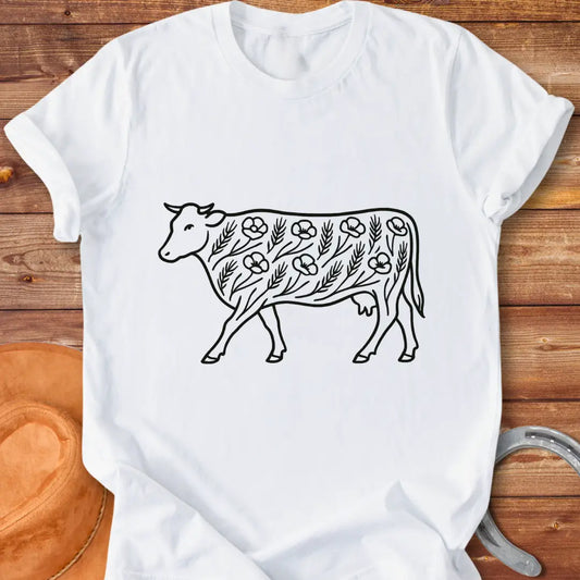 Line art illustration of a cow adorned with poppies and wheat stalks, representing a countryside theme.