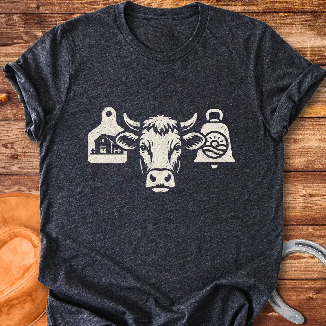 Black and white silhouette of a cow's head with bell tags, one showing a farm and the other with a landscape with sun