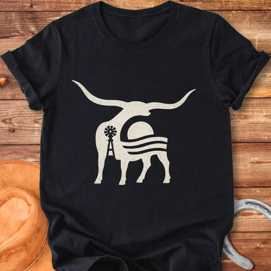Abstract illustration of a longhorn cow silhouette with a sunset and windmill in a prairie setting.