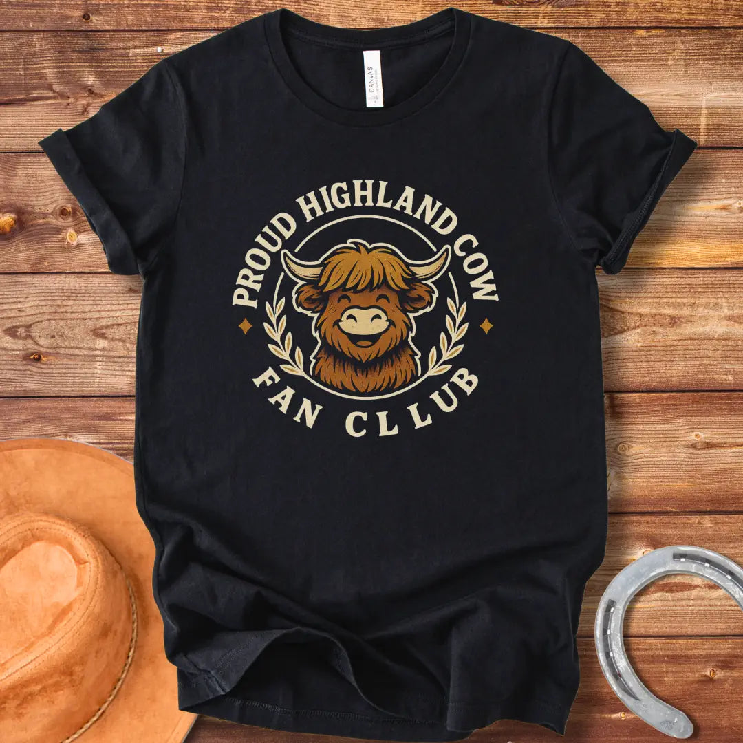Smiling Highland Cow Fan Club T-Shirt design in a circle with olive branches