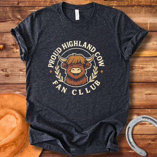 Smiling Highland Cow Fan Club T-Shirt design in a circle with olive branches
