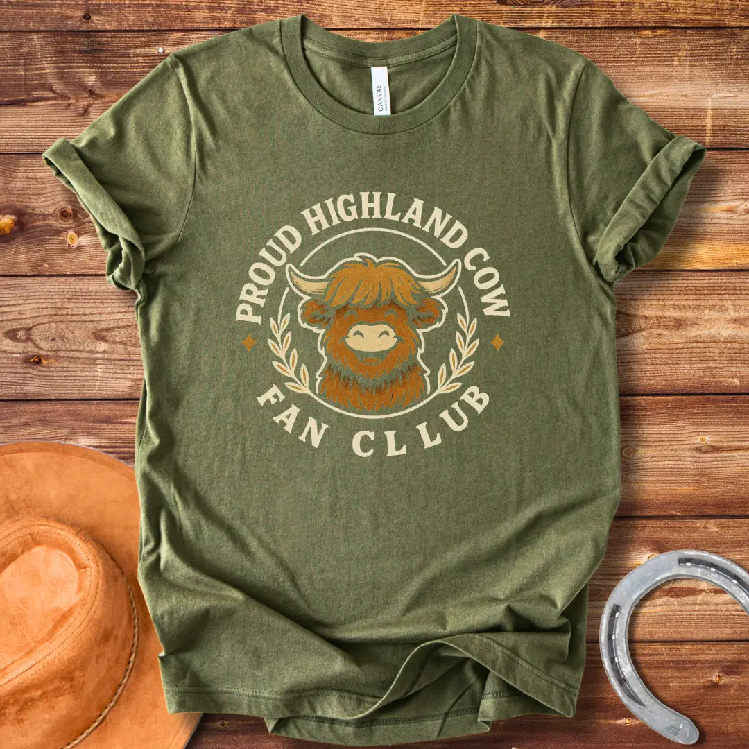 Smiling Highland Cow Fan Club T-Shirt design in a circle with olive branches
