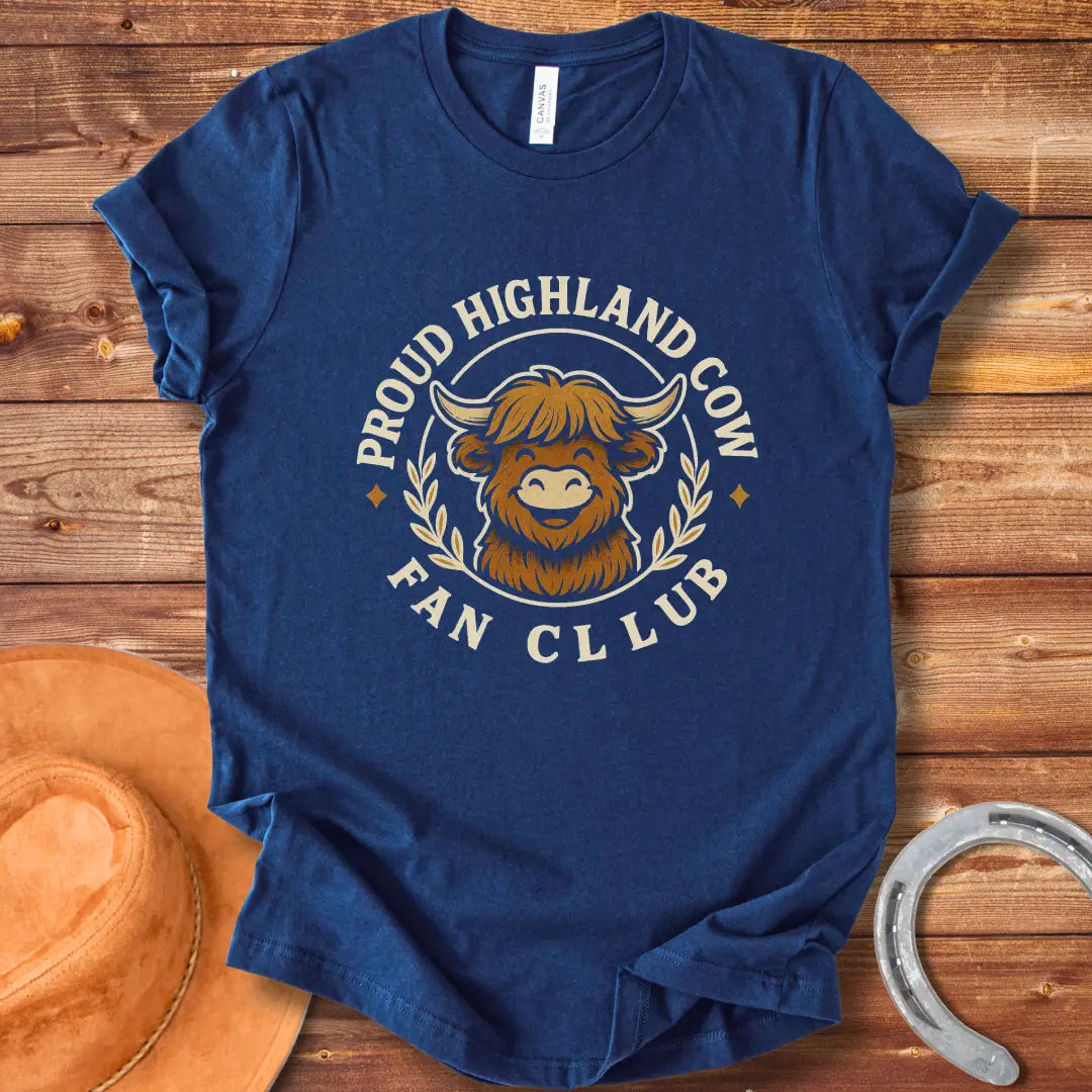 Smiling Highland Cow Fan Club T-Shirt design in a circle with olive branches