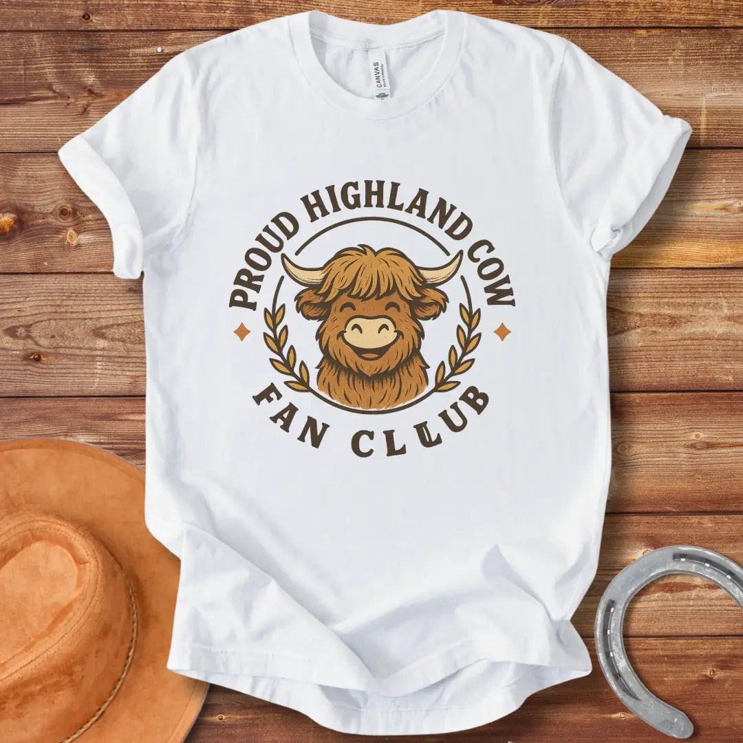 Smiling Highland Cow Fan Club T-Shirt design in a circle with olive branches