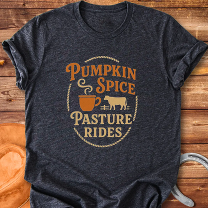 Pumpkin Spice Pasture Rides T-Shirt featuring a cow and a coffee cup illustration. Perfect for fall and cow lovers.