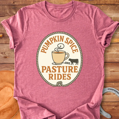 Pumpkin Spice Pasture Rides T-Shirt featuring a cow and a coffee cup illustration. Perfect for fall and cow lovers.
