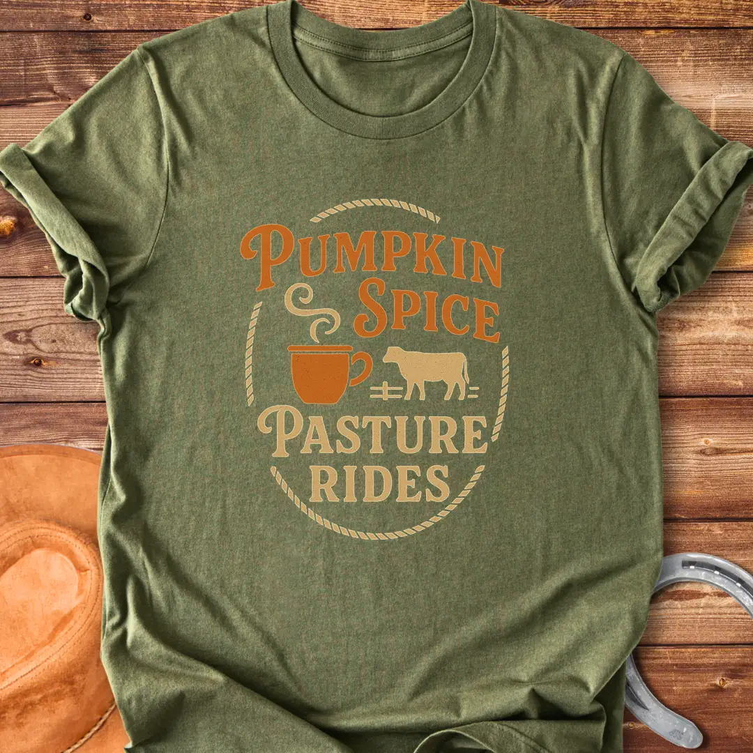 Pumpkin Spice Pasture Rides T-Shirt featuring a cow and a coffee cup illustration. Perfect for fall and cow lovers.