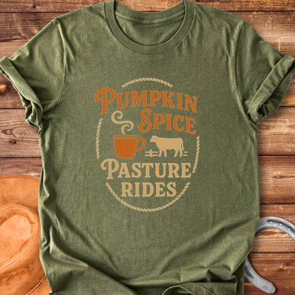 Pumpkin Spice Pasture Rides T-Shirt featuring a cow and a coffee cup illustration. Perfect for fall and cow lovers.