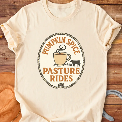 Pumpkin Spice Pasture Rides T-Shirt featuring a cow and a coffee cup illustration. Perfect for fall and cow lovers.