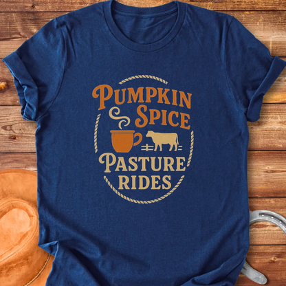 Pumpkin Spice Pasture Rides T-Shirt featuring a cow and a coffee cup illustration. Perfect for fall and cow lovers.