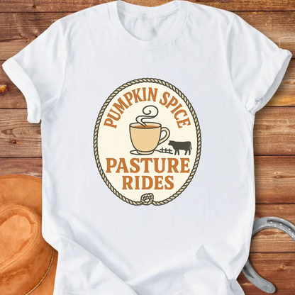 Pumpkin Spice Pasture Rides T-Shirt featuring a cow and a coffee cup illustration. Perfect for fall and cow lovers.