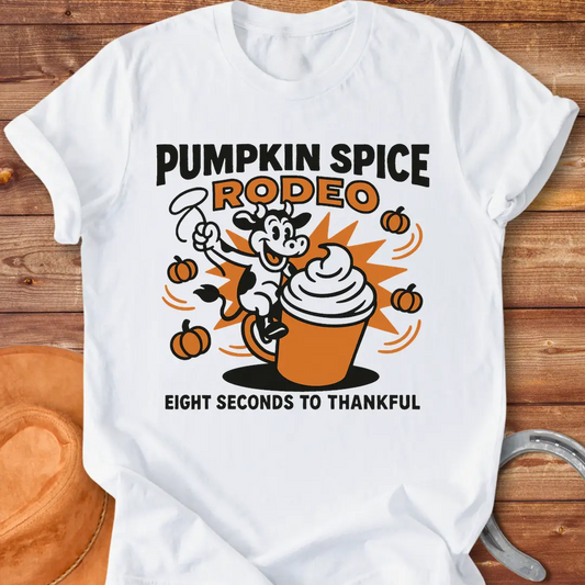 Pumpkin Spice Rodeo T-Shirt featuring a cow riding a pumpkin spice latte, with pumpkins in the background.