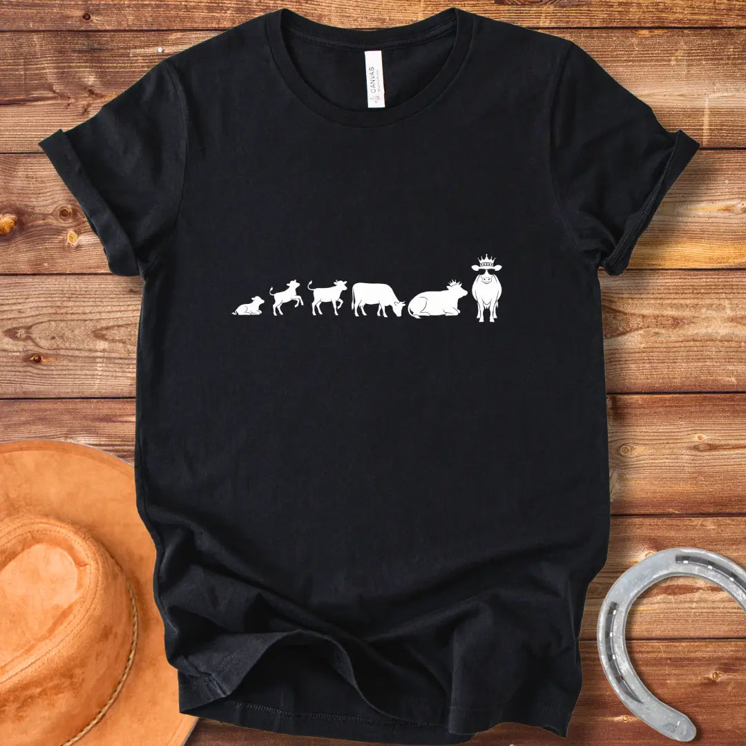 Evolution of a cow t-shirt design, featuring the stages of a cow's evolution.