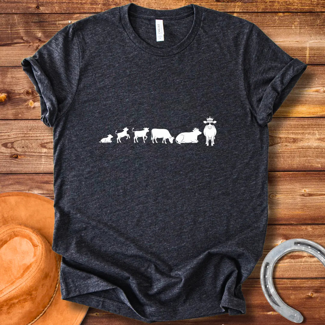 Evolution of a cow t-shirt design, featuring the stages of a cow's evolution.