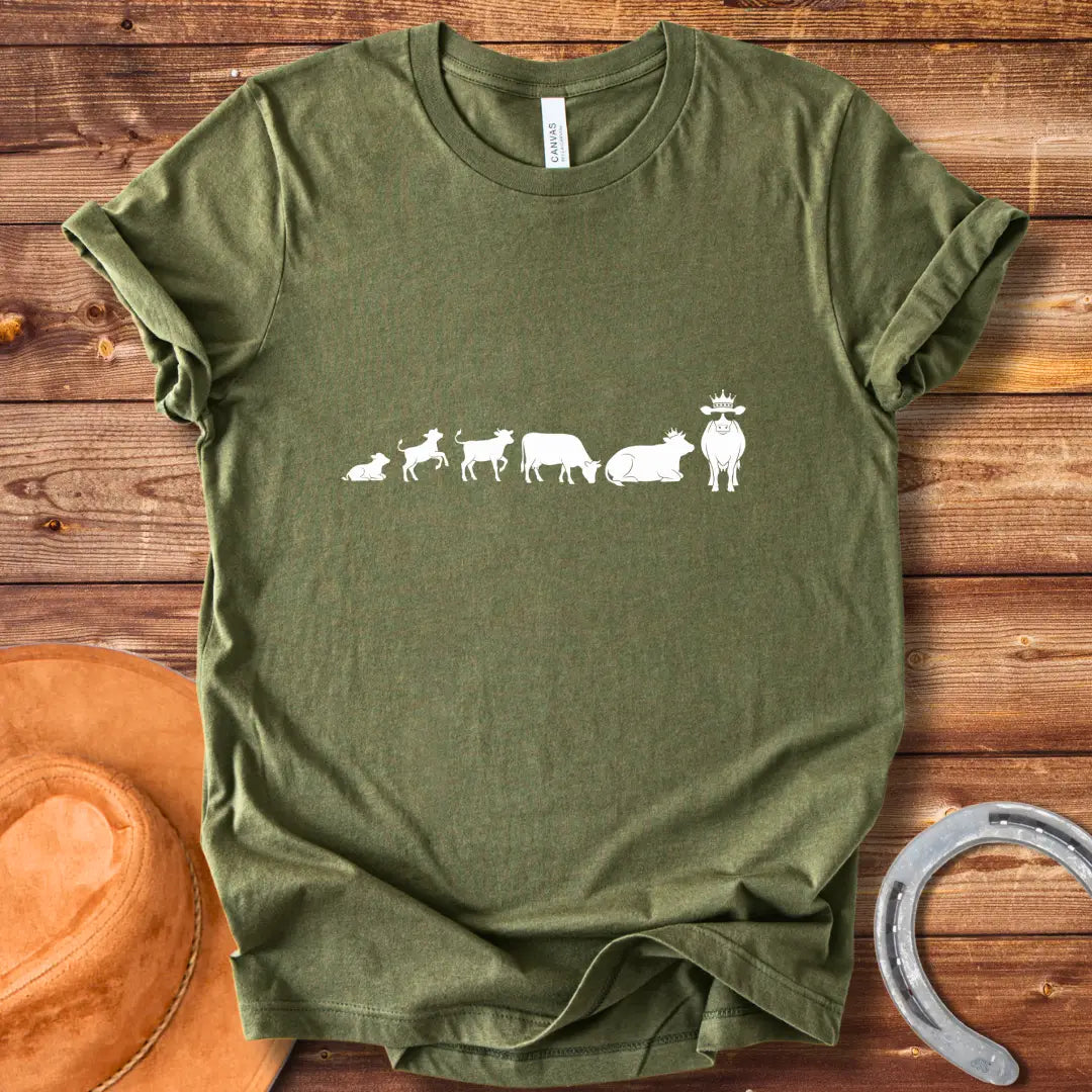 Evolution of a cow t-shirt design, featuring the stages of a cow's evolution.