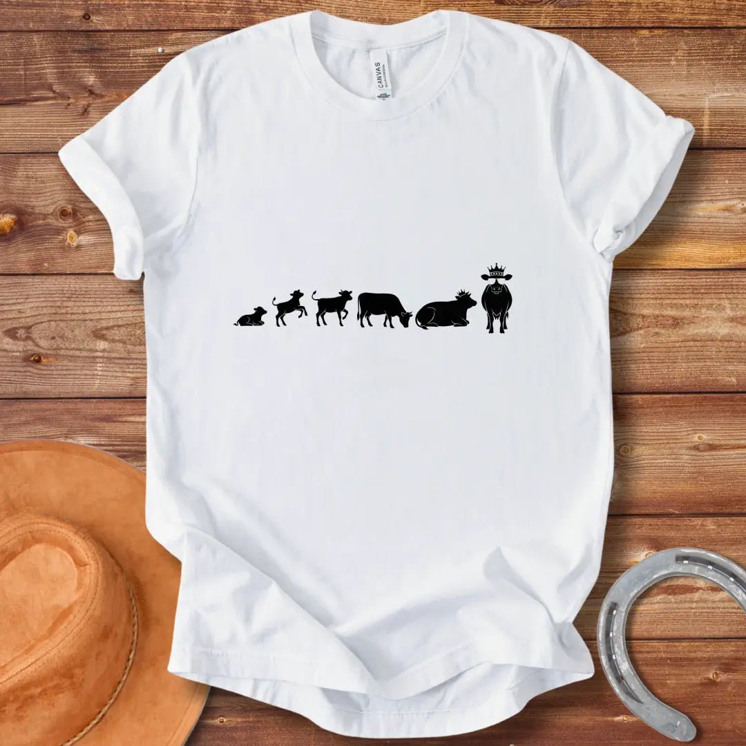 Evolution of a cow t-shirt design, featuring the stages of a cow's evolution.