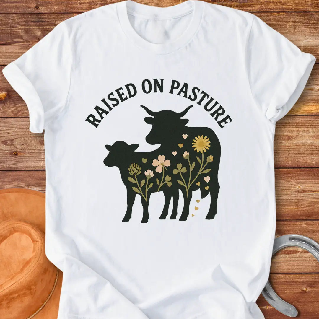 Raised On Pasture T-Shirt featuring a cow silhouette filled with flowers and hearts.