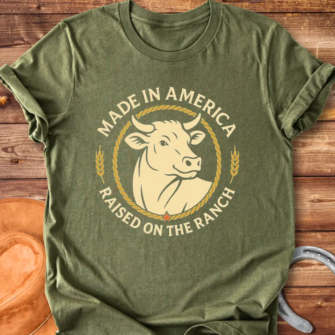 Raised on the Ranch t-shirt featuring a cow illustration and patriotic elements