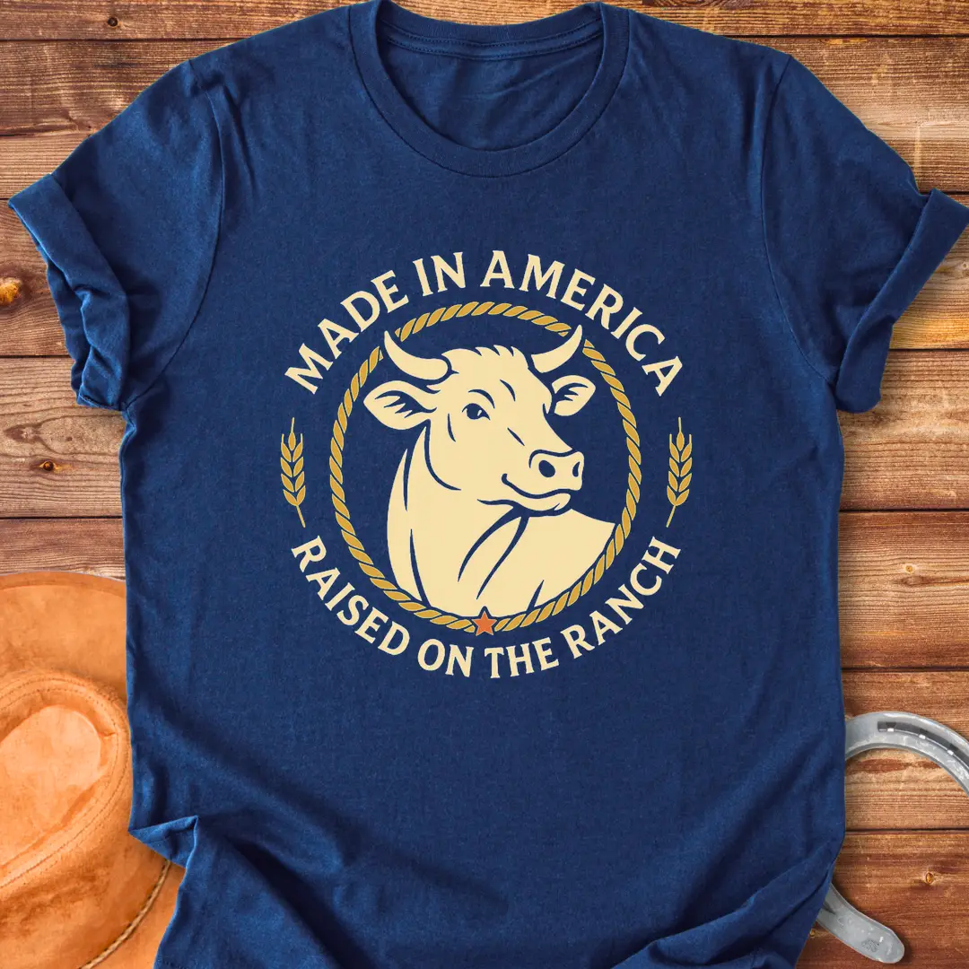 Raised on the Ranch t-shirt featuring a cow illustration and patriotic elements