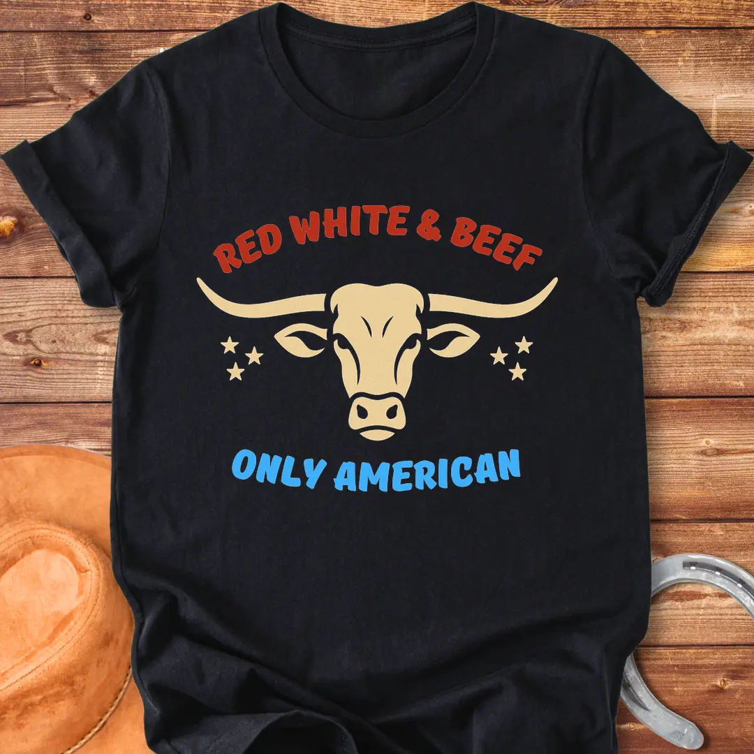 Red White & Beef t-shirt featuring a blue bull head and patriotic stars with the phrase "Only American."