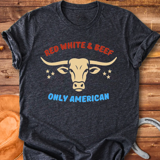 Red White & Beef t-shirt featuring a blue bull head and patriotic stars with the phrase "Only American."