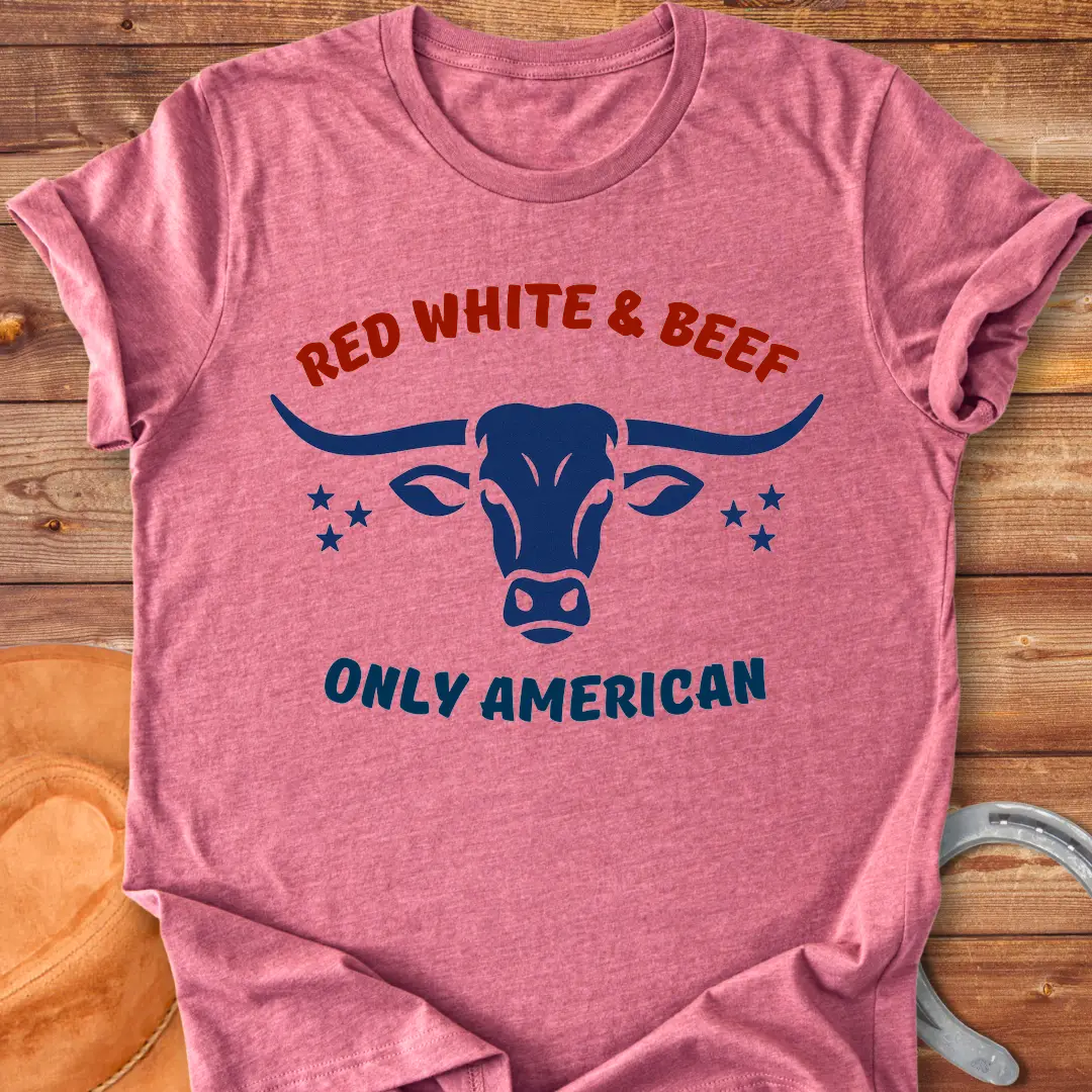 Red White & Beef t-shirt featuring a blue bull head and patriotic stars with the phrase "Only American."