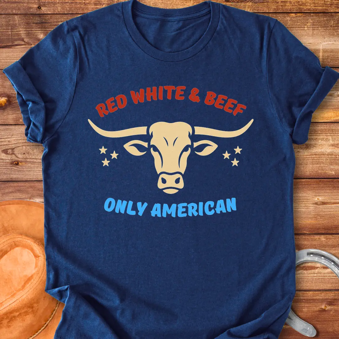 Red White & Beef t-shirt featuring a blue bull head and patriotic stars with the phrase "Only American."