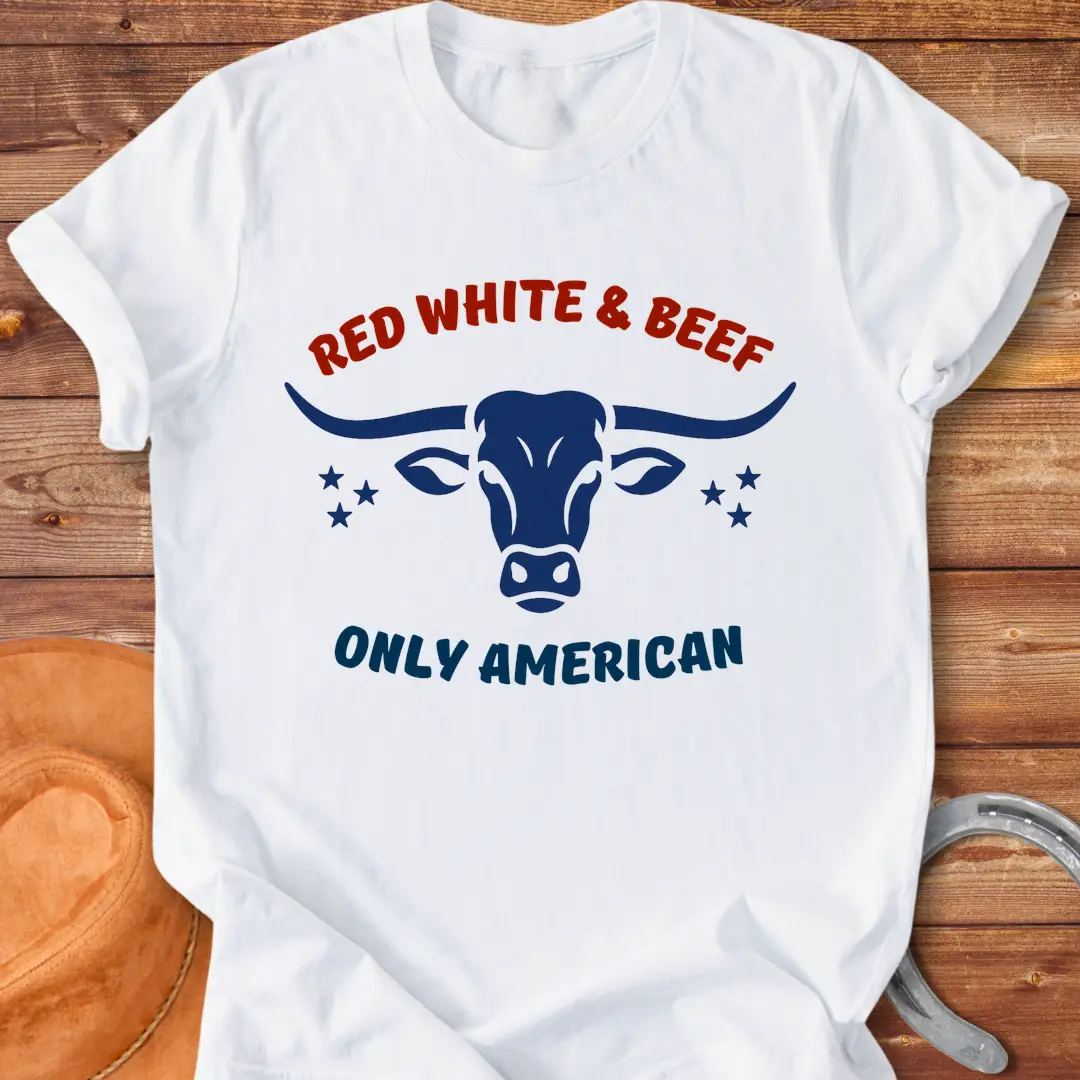 Red White & Beef t-shirt featuring a blue bull head and patriotic stars with the phrase "Only American."