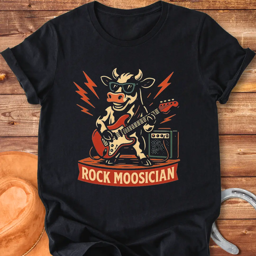 Rock Moosician T-Shirt featuring a cool cow playing electric guitar with lightning bolts in the background