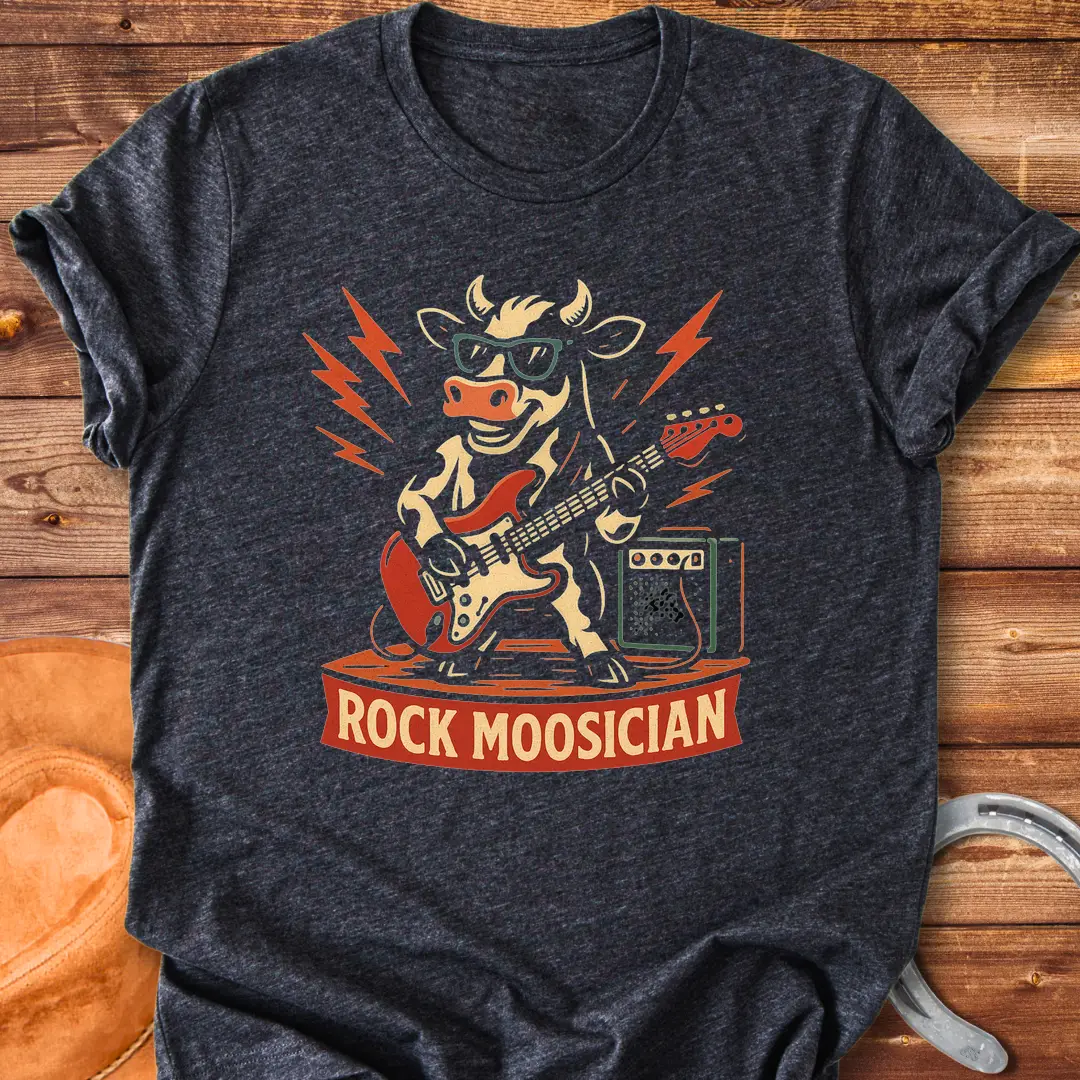 Rock Moosician T-Shirt featuring a cool cow playing electric guitar with lightning bolts in the background