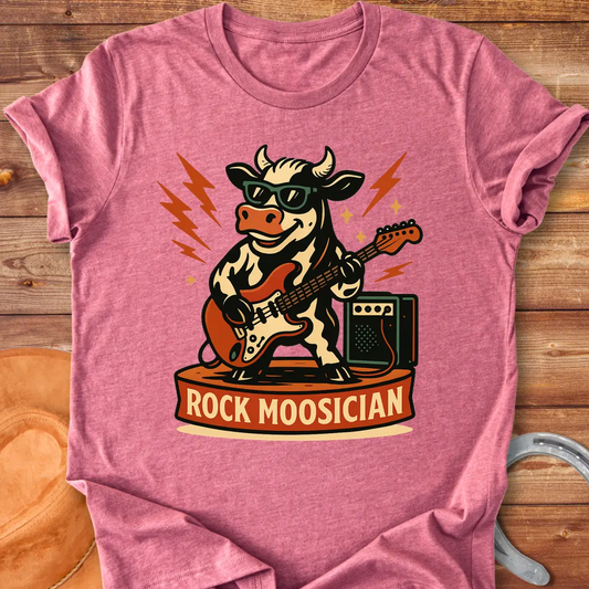 Rock Moosician T-Shirt featuring a cool cow playing electric guitar with lightning bolts in the background