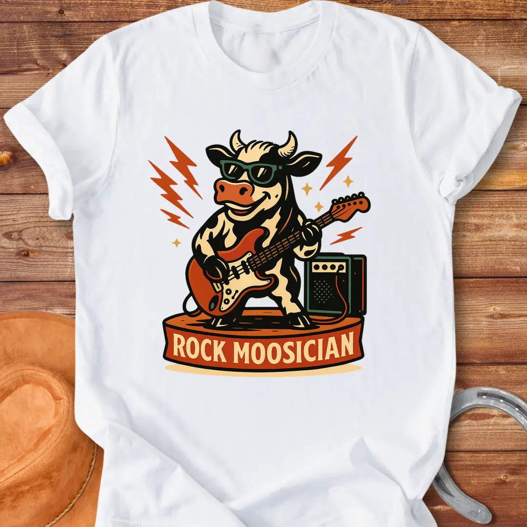 Rock Moosician T-Shirt featuring a cool cow playing electric guitar with lightning bolts in the background