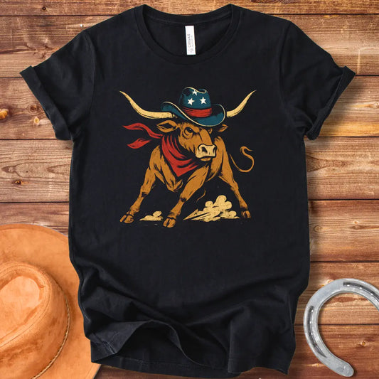 Illustration of a longhorn wearing a cowboy hat and red scarf, ready to buck
