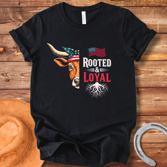 Longhorn cow wearing American flag bandana with text 'Rooted & Loyal'.
