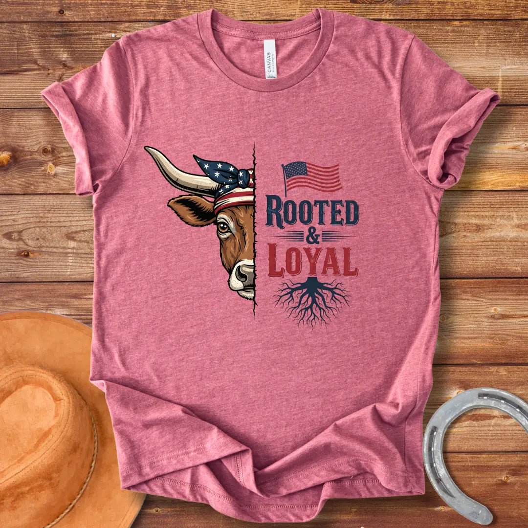 Longhorn cow wearing American flag bandana with text 'Rooted & Loyal'.