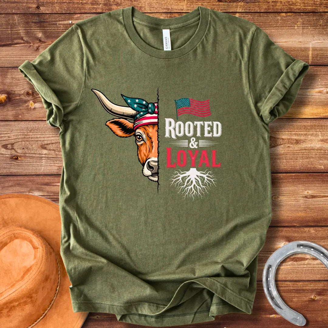 Longhorn cow wearing American flag bandana with text 'Rooted & Loyal'.