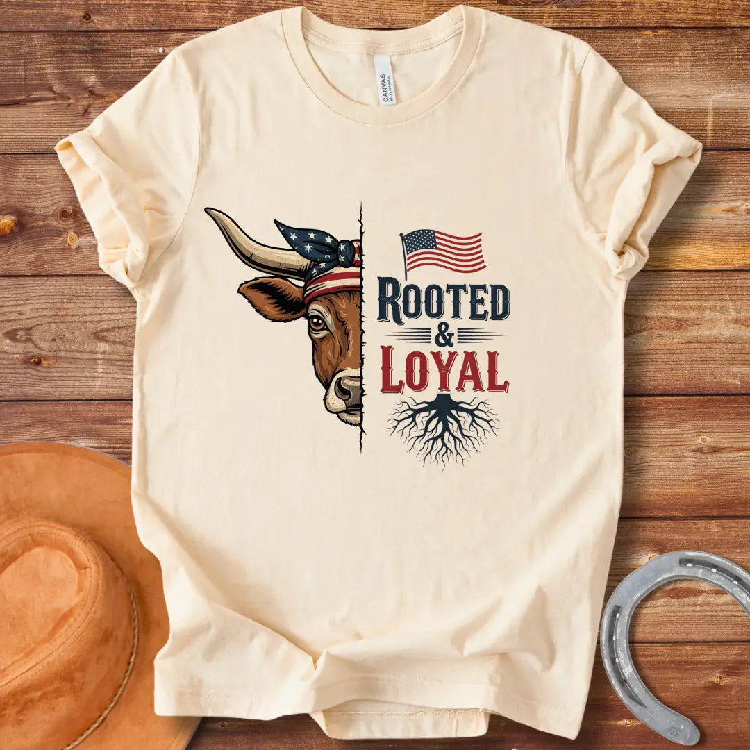 Longhorn cow wearing American flag bandana with text 'Rooted & Loyal'.