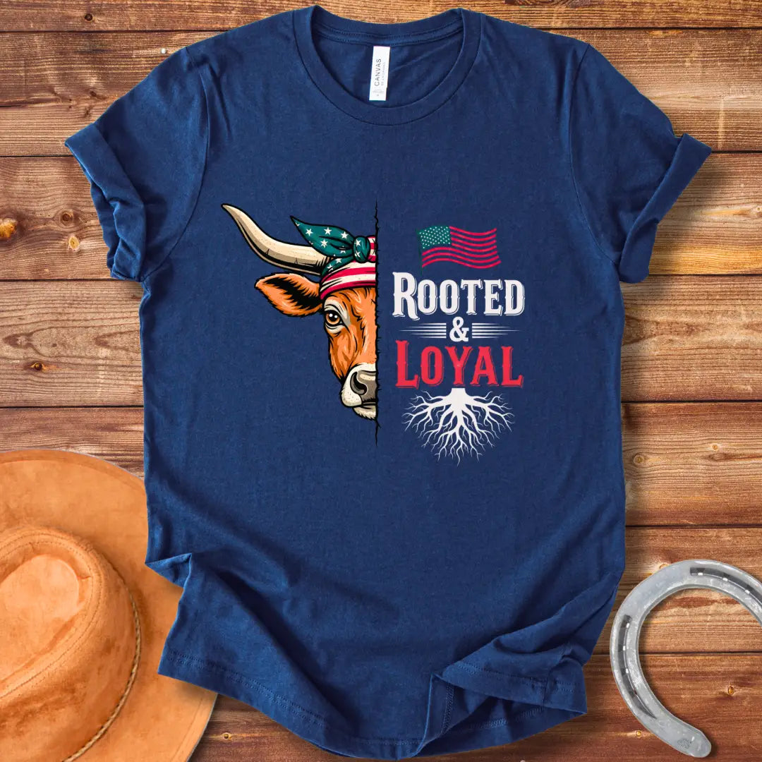 Longhorn cow wearing American flag bandana with text 'Rooted & Loyal'.