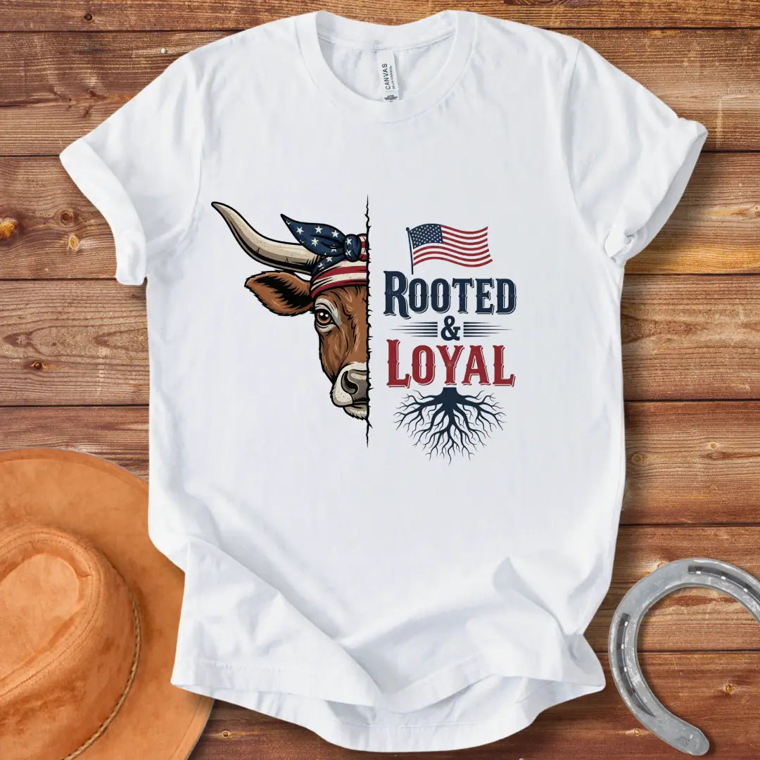 Longhorn cow wearing American flag bandana with text 'Rooted & Loyal'.