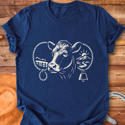 Black and white sketch of a cow head with farm elements, a rope ring and a bell, representing a serene farm life.