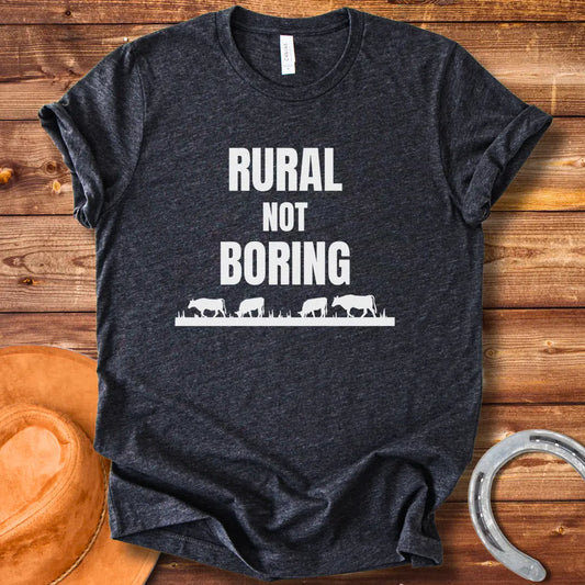 Black t-shirt with the text 'Rural Not Boring' printed in white, suitable for cow lovers and country fans.