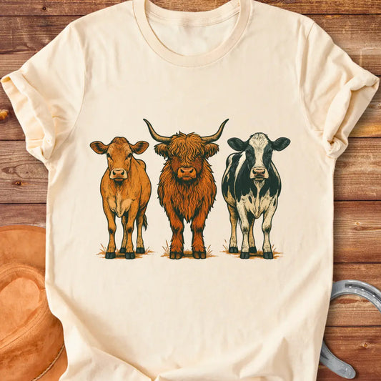 Rustic art t-shirt featuring three different cow breeds: a brown cow, a Highland cow, and a black and white cow.
