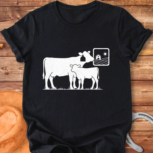 Rustic illustration of a mama cow with her calf, featuring a farm scene in the background.
